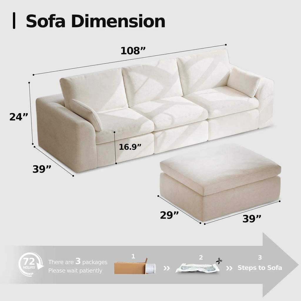 108 in Boneless Sectional Couch, L-Shape Modular Living Room Sofa with Ottoman, Compressed No-Assembly Furniture, Cloud-Like Comfort, Flexible Design, Contemporary Look