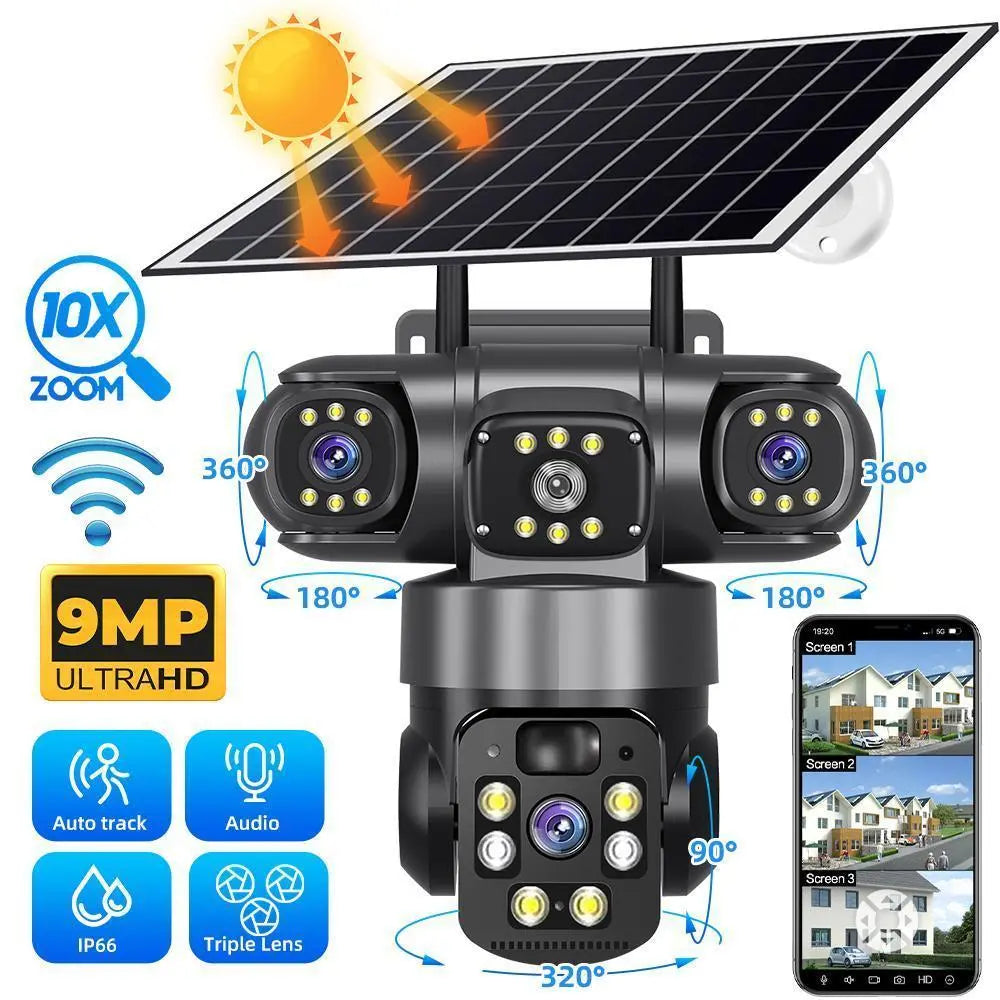 Triple-Lens Solar 360° Dome Camera, 360 Camoflauge Security Cameras Wireless Outdoor Solar Powered, Cameras for Home Security, 360 Pan & Tilt Surveillance Camera for Valentine’S Day Gift