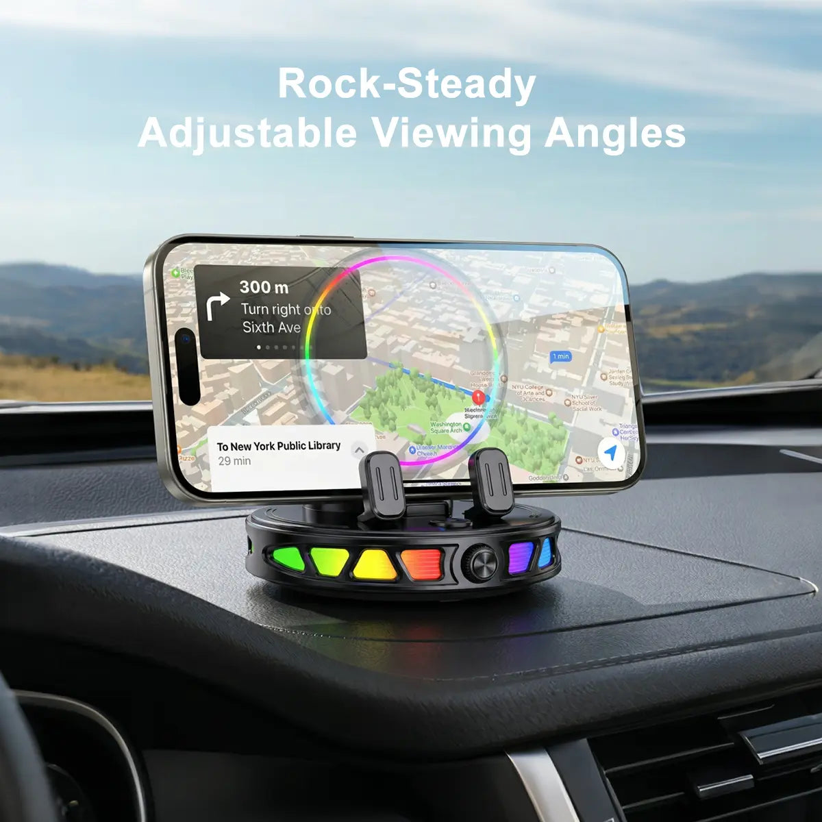360° Rotating Magnetic Wireless Charging Car Phone Mount with RGB Ambient Light – Ultra-Stable Vacuum Suction & Auto-Lock Holder for Dashboard & Windshield, Fits Iphone & Android