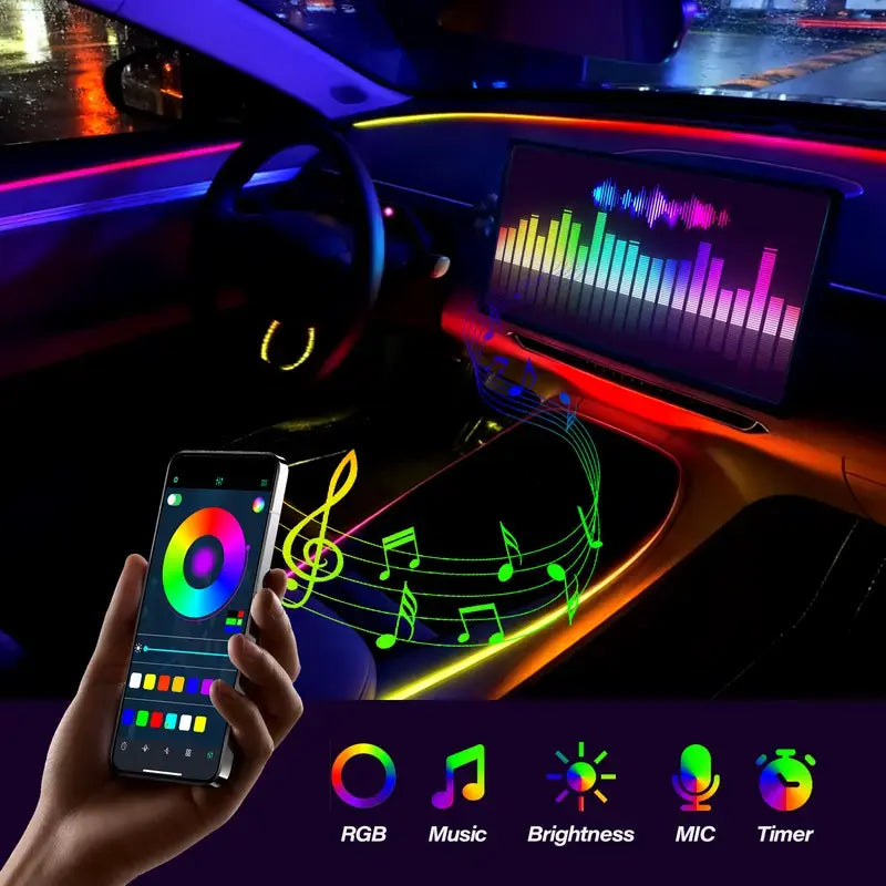 Ceesooi Smart LED Interior Car Lights, USB Powered RGB Car Ambient Lighting with App Control & Music Sync, DIY Mode 110Cm+110Cm 2-In-1 Design, Multi-Color Decor for Cars Trucks，Gift for Men & Women