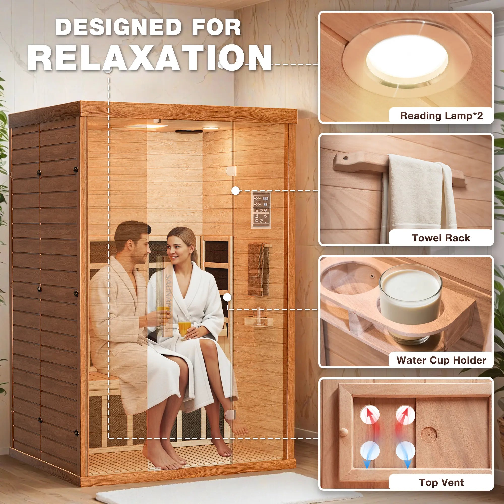 1- 2 Person Infrared Sauna, Remotely Controllable Indoor Sauna, Low EMF LCD Heater, Wifi & BT Control, 9-Color Light Therapy, Safe Flame-Retardant Material, Wood