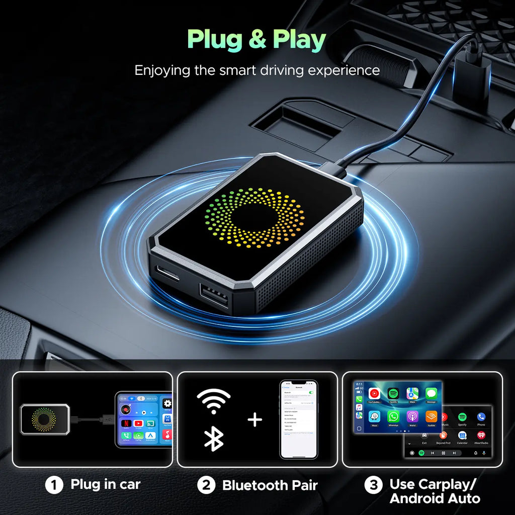 【Check Compatibility】Lamtto 2026 Wired to Wireless Carplay Adapter Supports Netflix/Youtube/Tiktok on Car Touchscreen (Hotspot Required), Not for Tesla/Bmw or Wireless Carplay, Auto Bluetooth – Perfect Tech Gift for Car Lovers