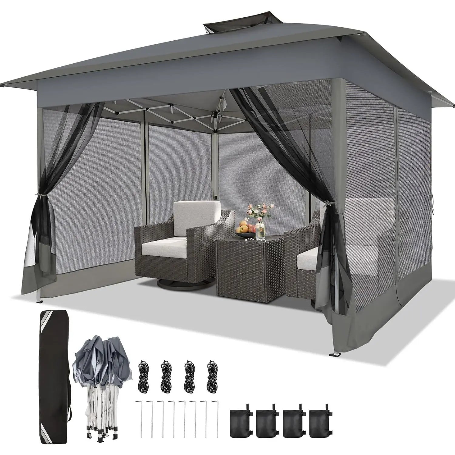 12X12 Ft. Portable Instant Gazebo Outdoor Patio - Oxford Fabric, Mosquito Netting, Waterproof, UPF 50+ Sun Protection, Ground Stakes, Adjustable Shade, Quick Setup Patio Furniture for Backyards, Backyard Decor,Summervibes