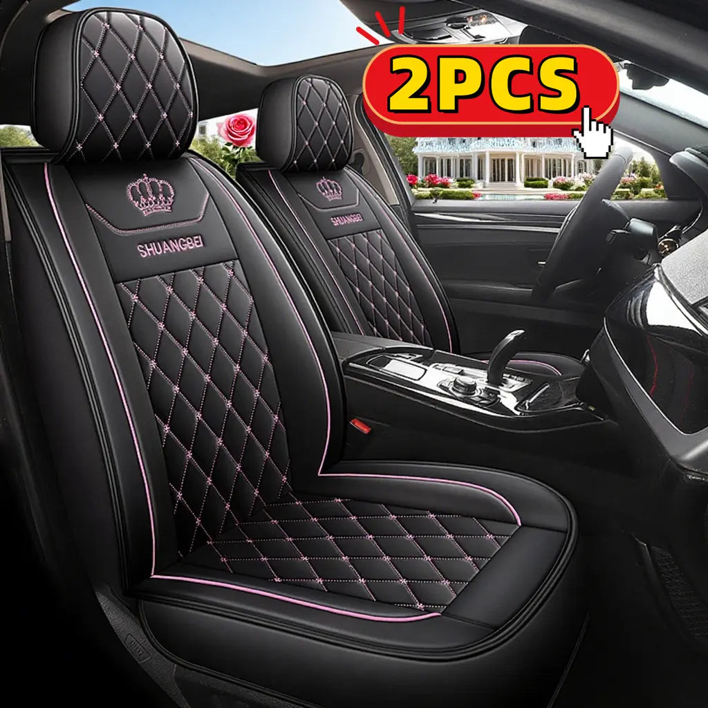 Front Seat Full Coverage 2PCS Car Seat Cover - Waterproof & Stain-Resistant PU Leather - Durable Long-Lasting - Crown Embroidery - Full Wrap-Around Protection Kit