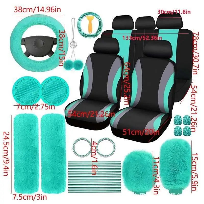 45Pcs Car Seat Covers & Interior Accessories Set: Thin Polyester Five-Seat Car Seat Covers, Plush Steering Wheel Cover, Shoulder Pads, Gear Shift Knob Cover, Rearview Mirror Ornaments, Cup Pads, Tire Valve Caps, Stitching Trim Strips, Car Interior Kit