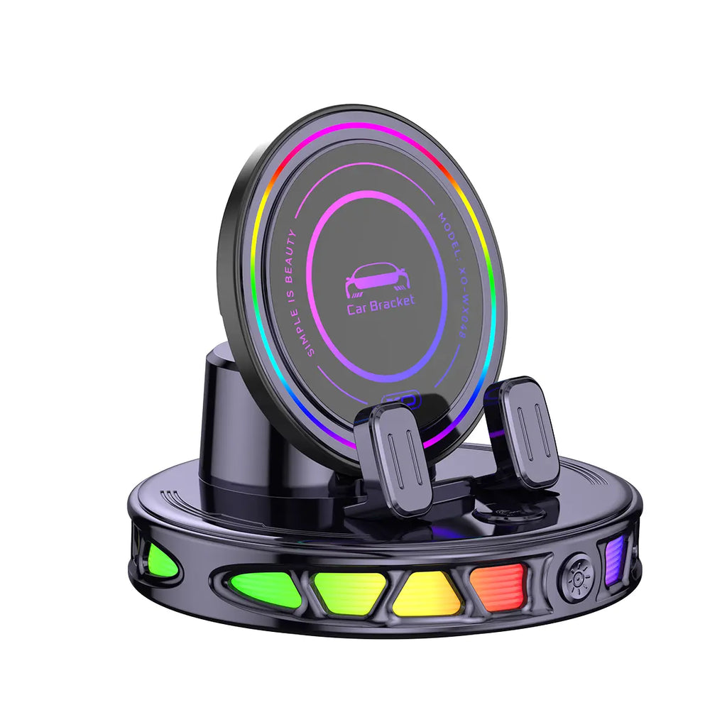 360° Rotating Magnetic Wireless Charging Car Phone Mount with RGB Ambient Light – Ultra-Stable Vacuum Suction & Auto-Lock Holder for Dashboard & Windshield, Fits Iphone & Android