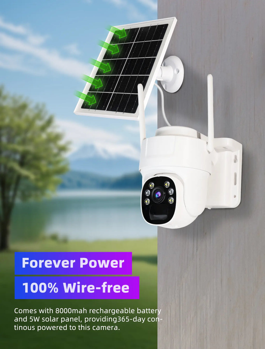 4G LTE Cellular Security Camera Solar-Powered Wireless Outdoor 3MP HD 360° PTZ Color Night 2-Way Audio IP65 Weatherproof 32GB SD Card Included Digital Zoom Micro Speaker Monitoring Rechargeable Remote