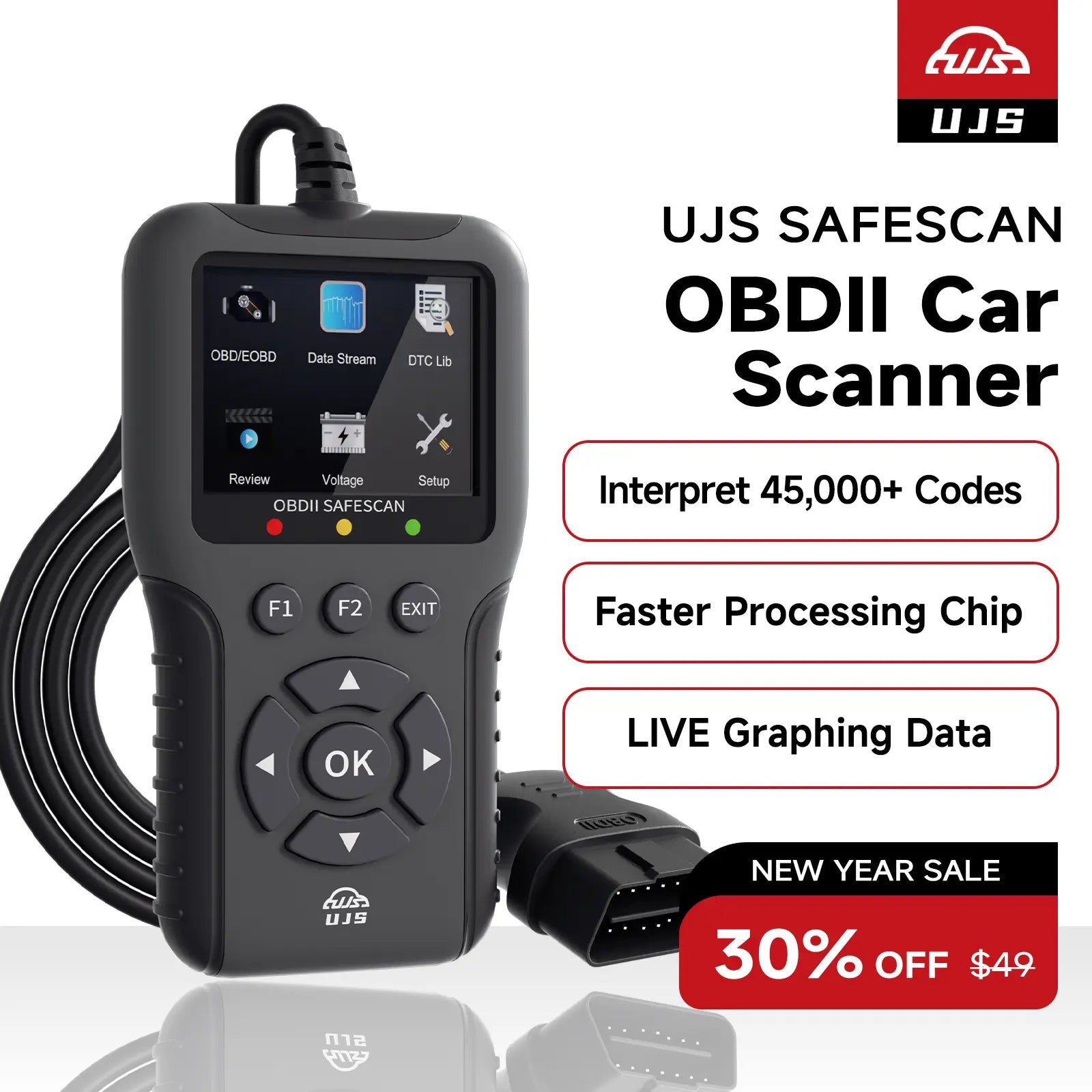 UJS Safescan, OBD2 Car Scanner, Check Engine Code Reader - 45000+ Fault Codes, 2.8" Color Screen, Live Data, I/M Readiness, Battery Voltage Check, Read and Clear Error Codes for All Cars and Light Trucks 1996+