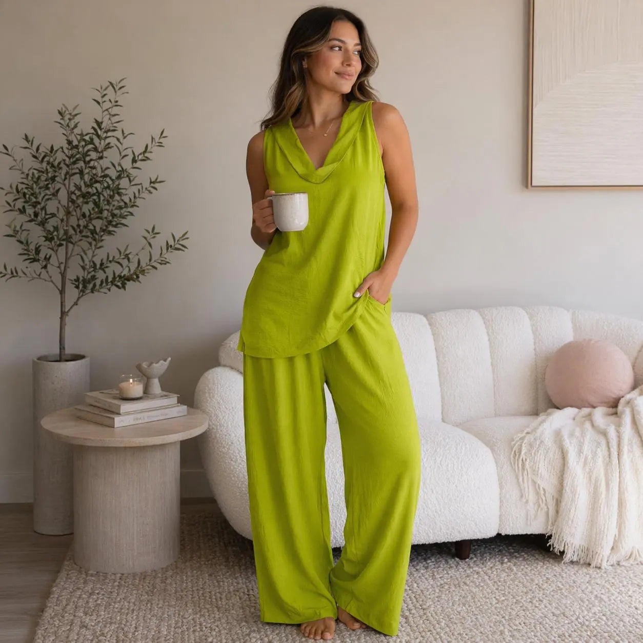 Boho Two Piece Set - Perfect for Beach, Vacation & Brunch! Sleeveless Top Wide Leg Pants Set #Twopieceset #Widelegpants #Sleeveless #Summeroutfit #Bohofashion #OOTD #Womensfashion #Casualset