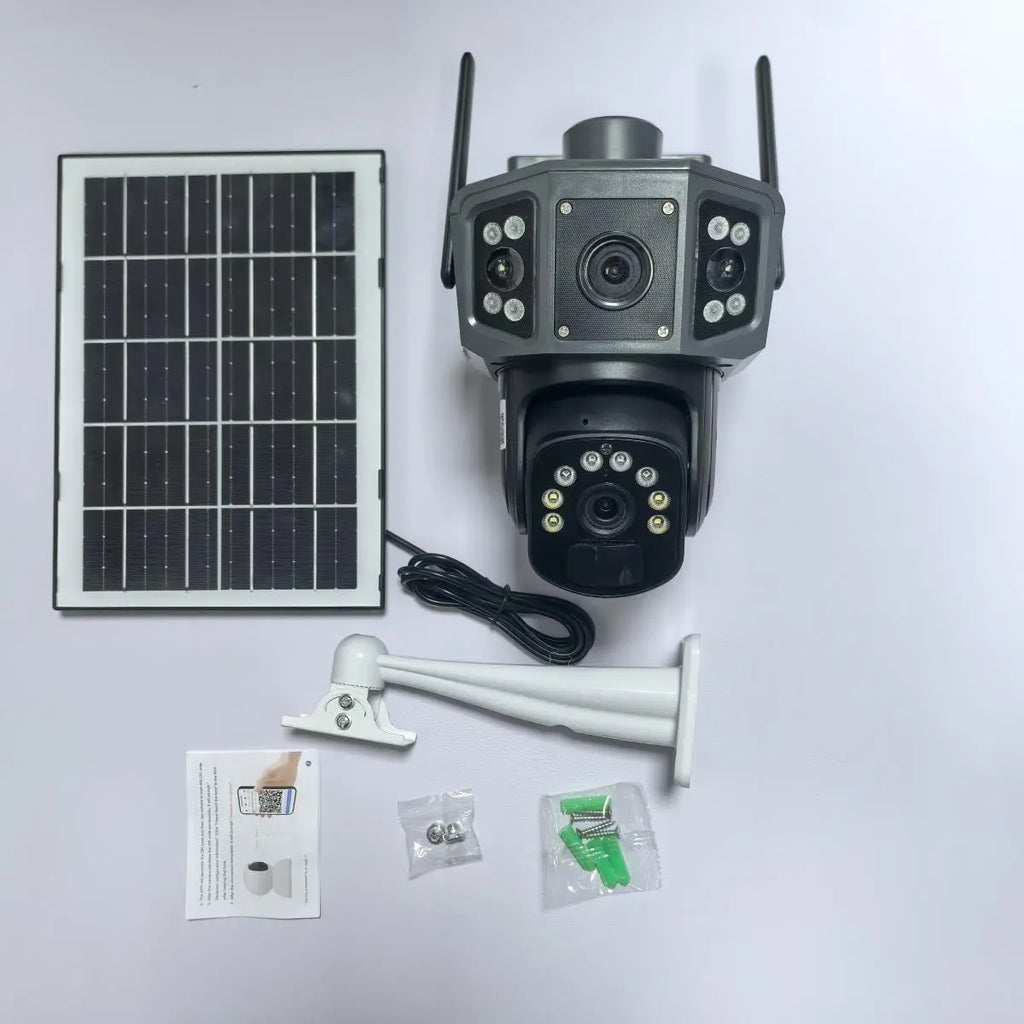 Solar CCTV Weatherproof Surveillance Cameras, 2K Wireless Outdoor CCTV Security Camera, 360° View Pan Tilt Low Power Consumption Security Camera, Durable Dual Lens Camera for Factory & Parking Lot, Home Essentials