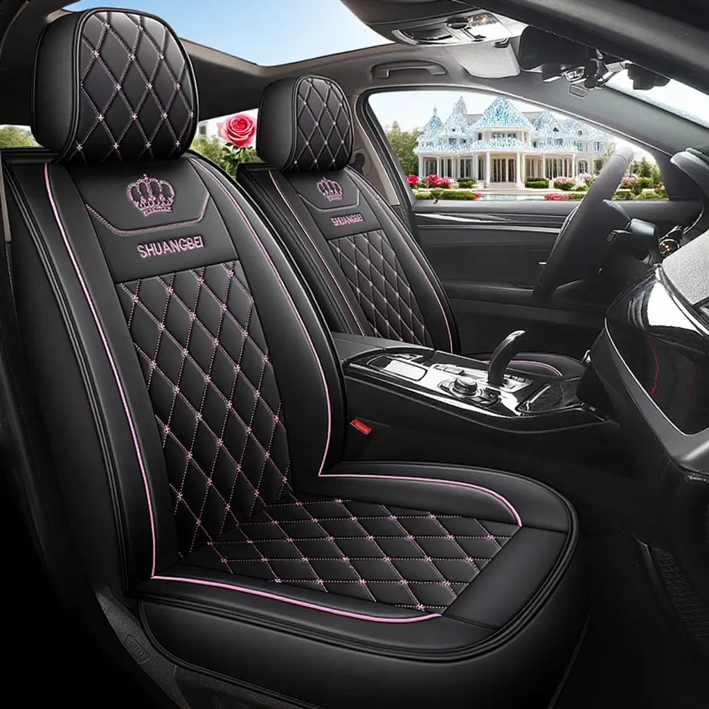 Front Seat Full Coverage 2PCS Car Seat Cover - Waterproof & Stain-Resistant PU Leather - Durable Long-Lasting - Crown Embroidery - Full Wrap-Around Protection Kit