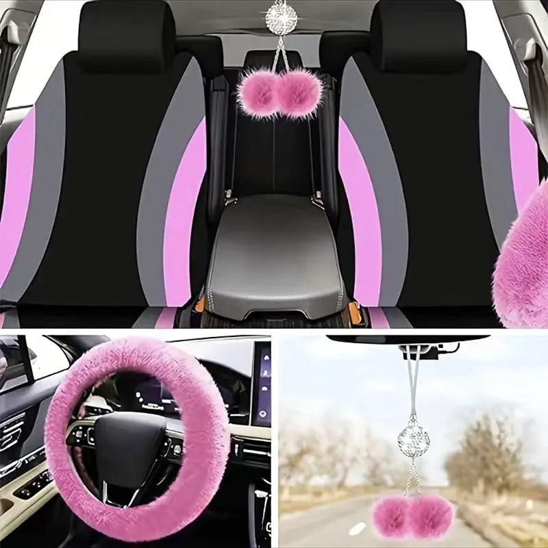 45Pcs Car Seat Covers & Interior Accessories Set: Thin Polyester Five-Seat Car Seat Covers, Plush Steering Wheel Cover, Shoulder Pads, Gear Shift Knob Cover, Rearview Mirror Ornaments, Cup Pads, Tire Valve Caps, Stitching Trim Strips, Car Interior Kit
