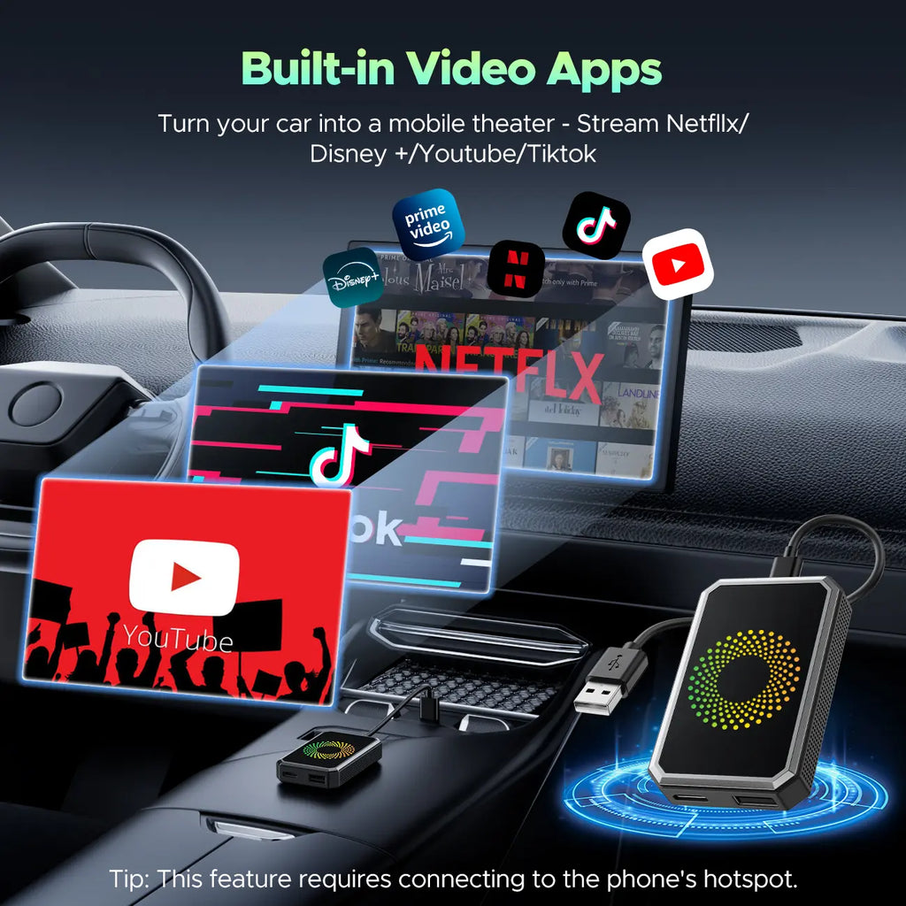 【Check Compatibility】Lamtto 2026 Wired to Wireless Carplay Adapter Supports Netflix/Youtube/Tiktok on Car Touchscreen (Hotspot Required), Not for Tesla/Bmw or Wireless Carplay, Auto Bluetooth – Perfect Tech Gift for Car Lovers