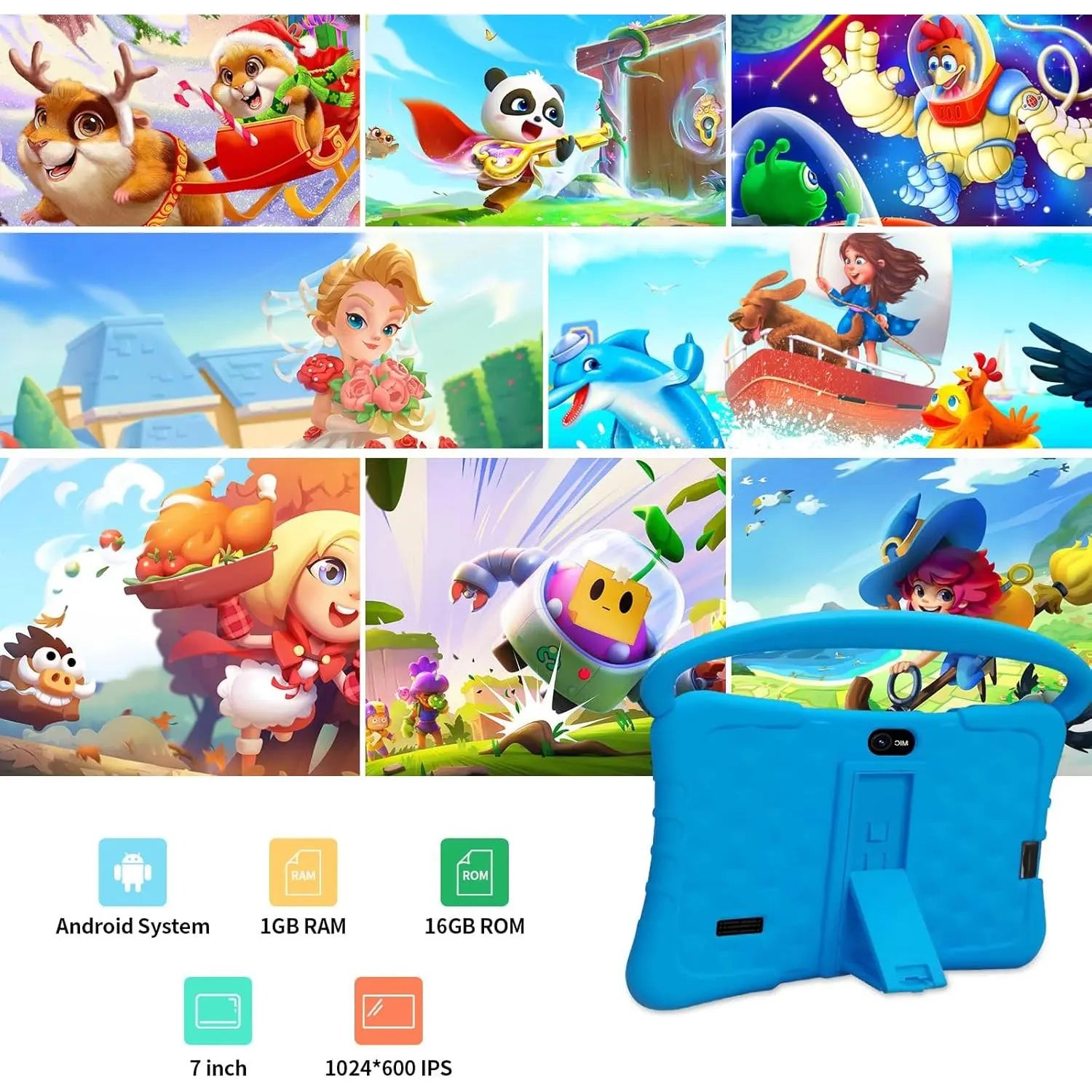Tablet 7 Inch with Shockproof Case, 1GB RAM 32GB ROM, Android Tablet with Bluetooth, Wifi, GMS, Parental Control, Educational, Games(Blue)