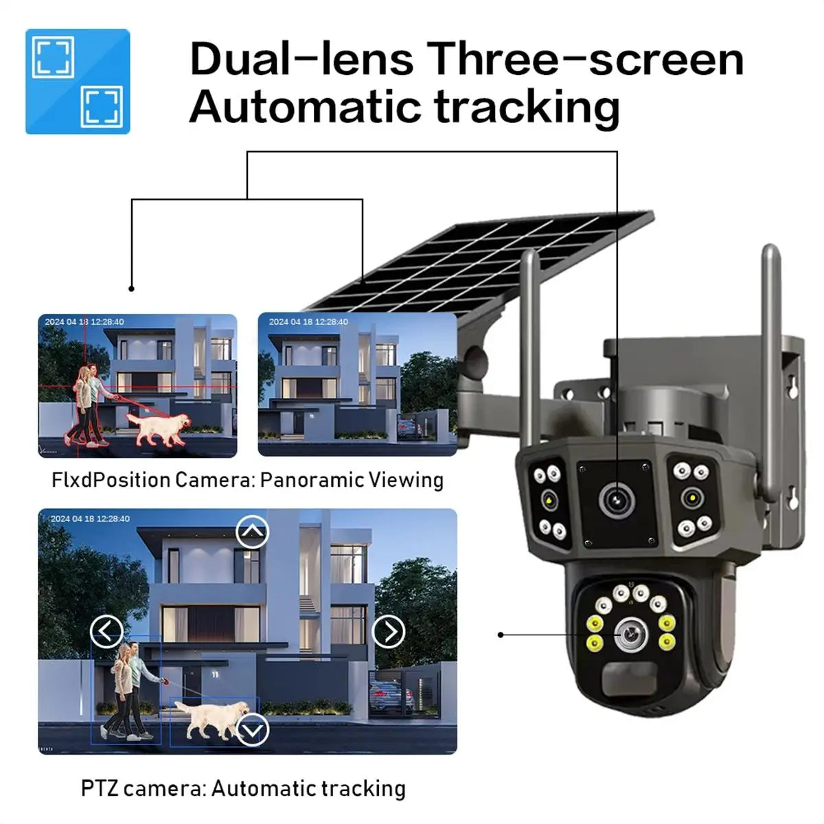 Solar CCTV Weatherproof Surveillance Cameras, 2K Wireless Outdoor CCTV Security Camera, 360° View Pan Tilt Low Power Consumption Security Camera, Durable Dual Lens Camera for Factory & Parking Lot, Home Essentials