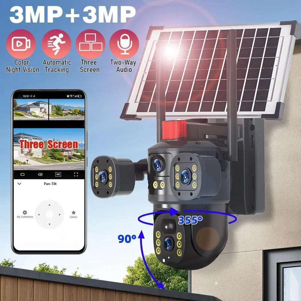 3 Lens Solar Battery Powered Wireless Wifi Outdoor Pan/Tilt Home Security Camera System Cctv,For Valentine’S Day Gift