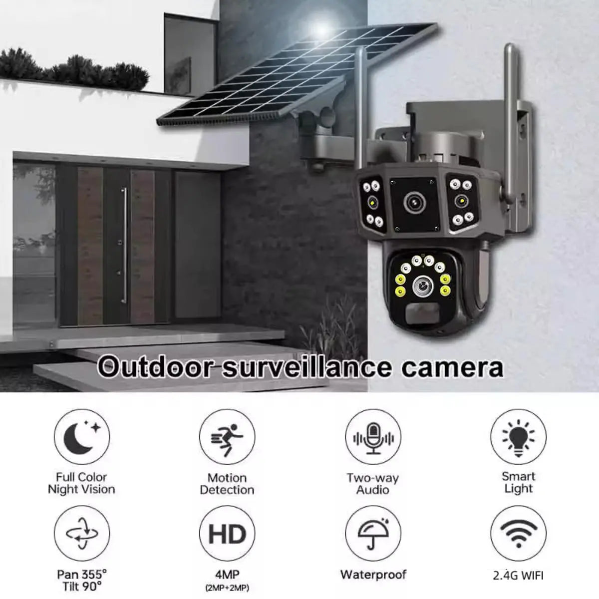 Solar CCTV Weatherproof Surveillance Cameras, 2K Wireless Outdoor CCTV Security Camera, 360° View Pan Tilt Low Power Consumption Security Camera, Durable Dual Lens Camera for Factory & Parking Lot, Home Essentials