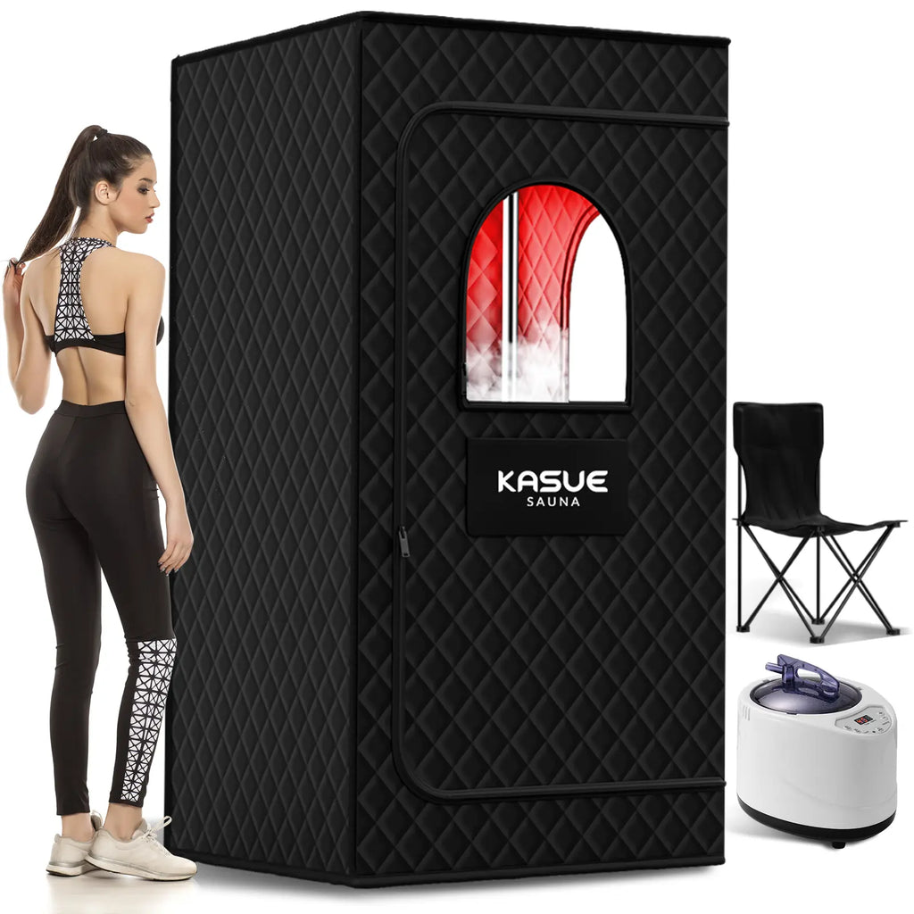 KASUE Upgraded Infrared Sauna Box for Relaxation,Detoxification,Portable Steam Sauna for Home with XL Steamer,Folding Chair,Multiple Layered Full Body Sauna Tent for Spa,Indoor,Outdoor,Gym-Black