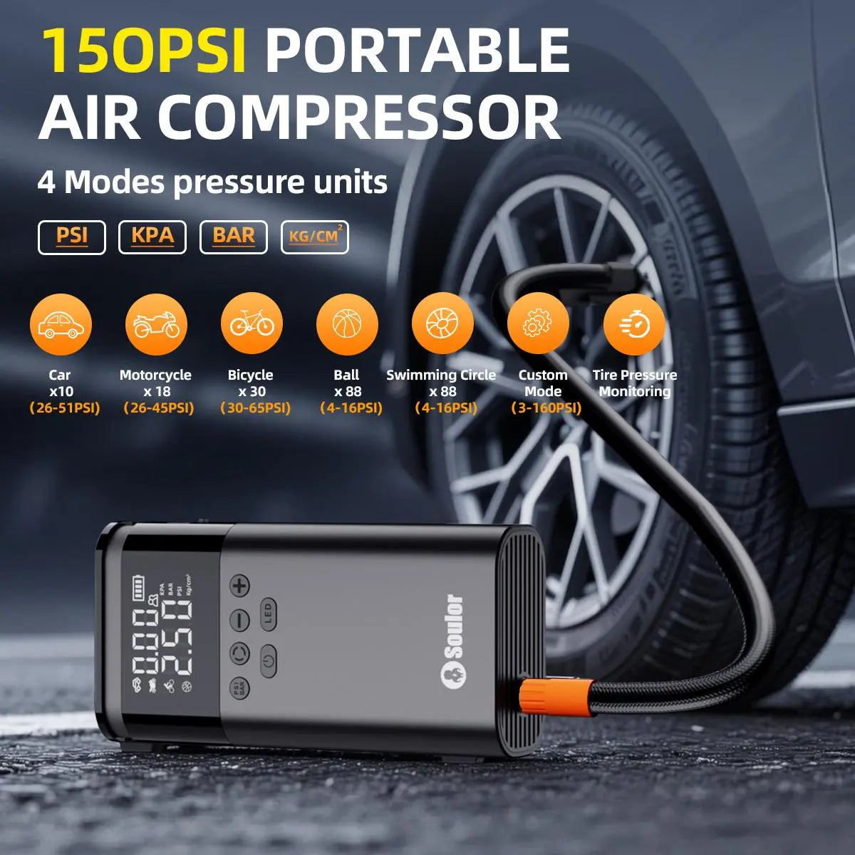 Soulor CYD22 5-In-1 with 150PSI Air Compressor, 10000Mah Portable Power Bank, LED Flashlight & SOS for Car/Suv/Truck Emergency Ultra-Safe
