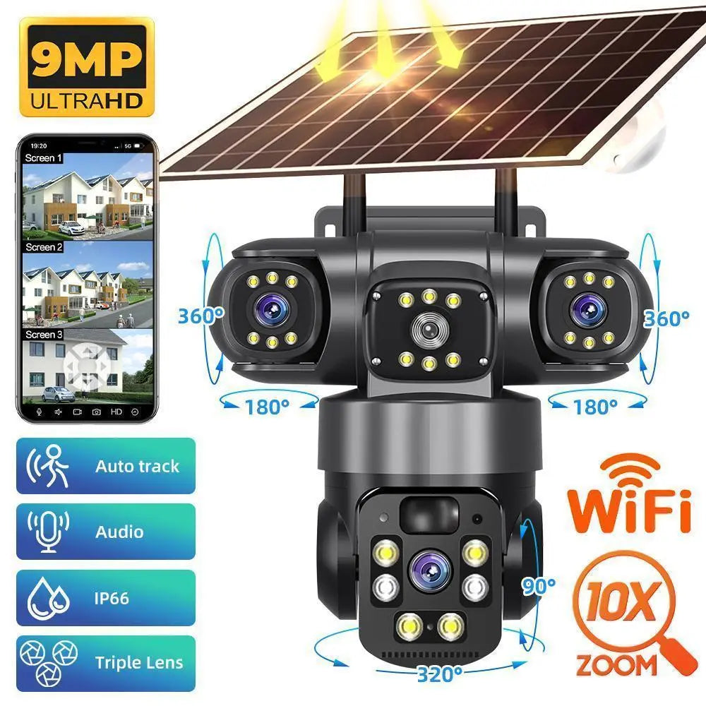 3 Lens Solar Battery Powered Wireless Wifi Outdoor Pan/Tilt Home Security Camera System Cctv,For Valentine’S Day Gift