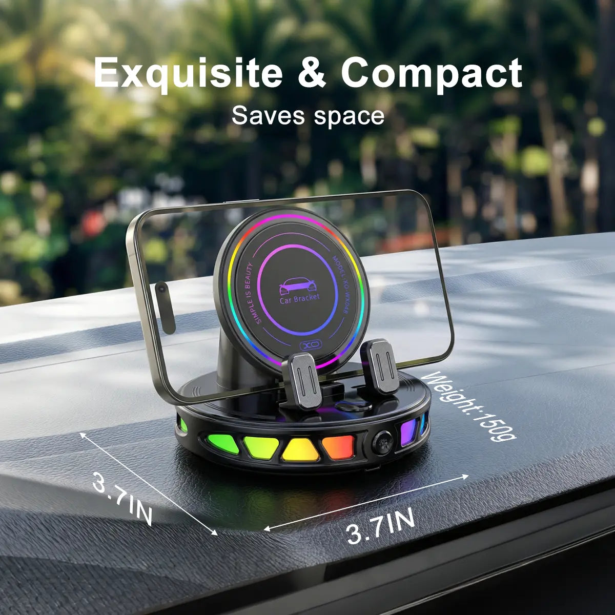 360° Rotating Magnetic Wireless Charging Car Phone Mount with RGB Ambient Light – Ultra-Stable Vacuum Suction & Auto-Lock Holder for Dashboard & Windshield, Fits Iphone & Android