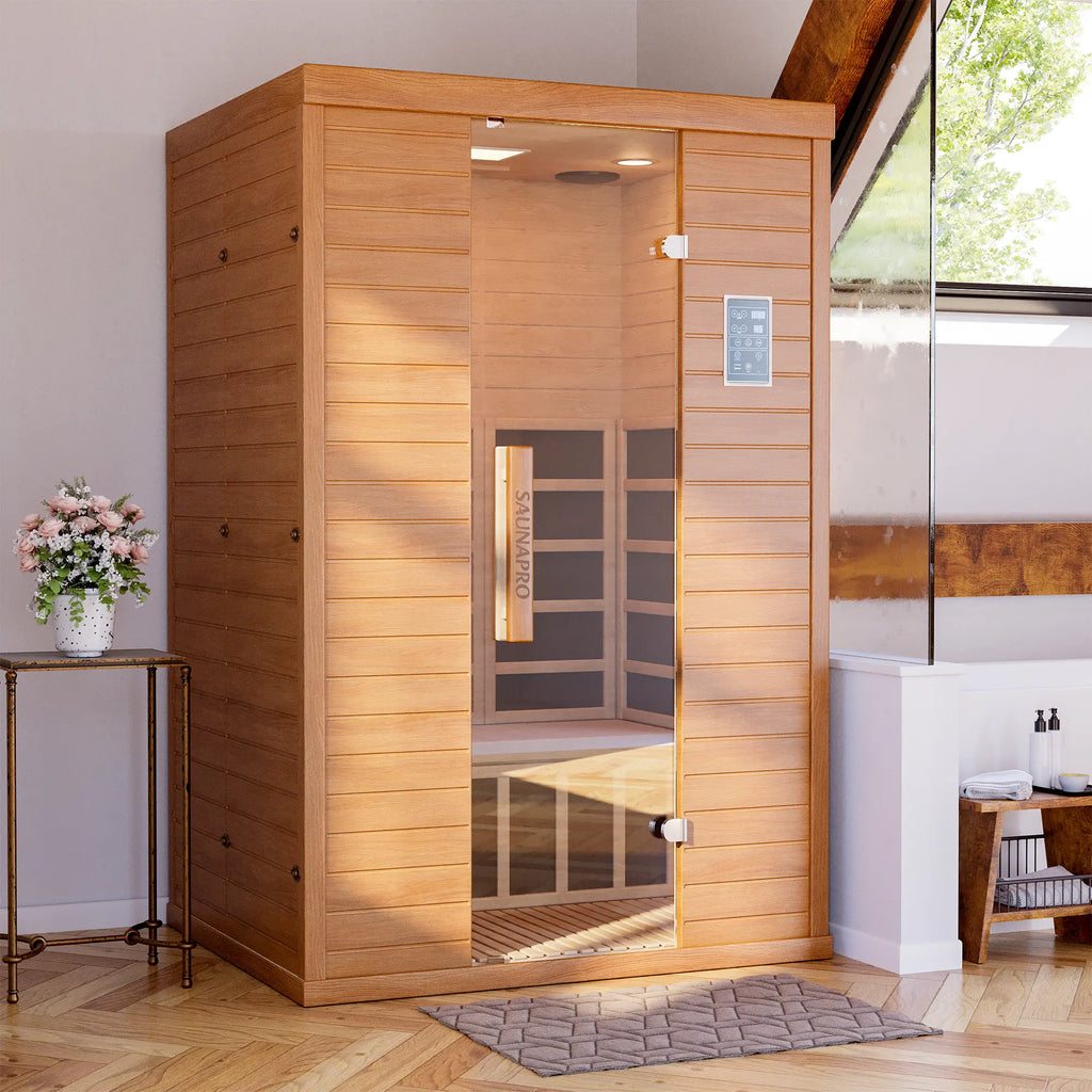 1- 2 Person Infrared Sauna, Remotely Controllable Indoor Sauna, Low EMF LCD Heater, Wifi & BT Control, 9-Color Light Therapy, Safe Flame-Retardant Material, Wood