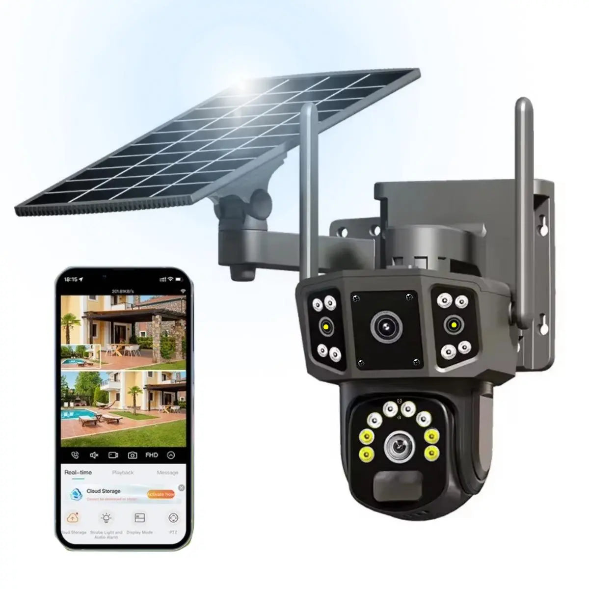 Solar CCTV Weatherproof Surveillance Cameras, 2K Wireless Outdoor CCTV Security Camera, 360° View Pan Tilt Low Power Consumption Security Camera, Durable Dual Lens Camera for Factory & Parking Lot, Home Essentials