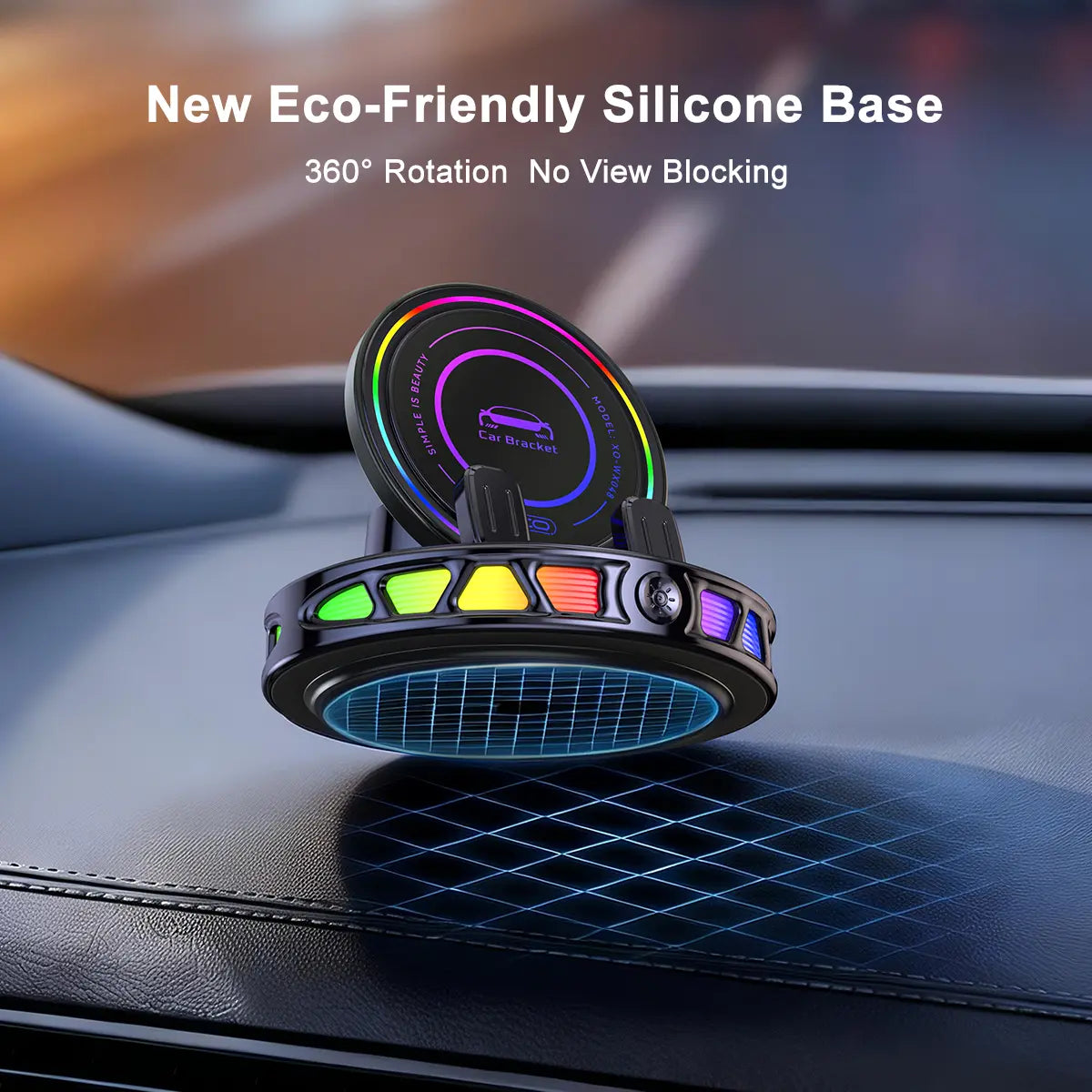360° Rotating Magnetic Wireless Charging Car Phone Mount with RGB Ambient Light – Ultra-Stable Vacuum Suction & Auto-Lock Holder for Dashboard & Windshield, Fits Iphone & Android