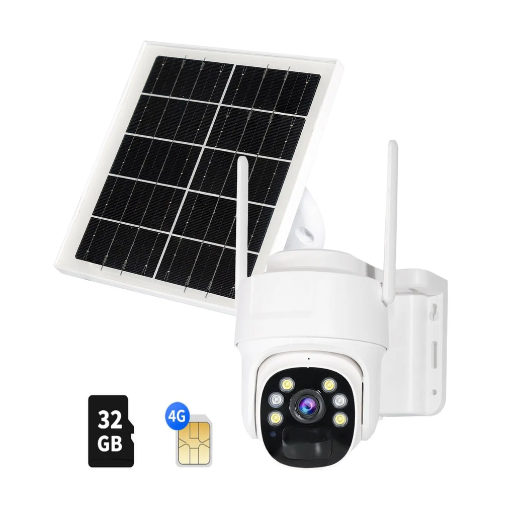 4G LTE Cellular Security Camera Solar-Powered Wireless Outdoor 3MP HD 360° PTZ Color Night 2-Way Audio IP65 Weatherproof 32GB SD Card Included Digital Zoom Micro Speaker Monitoring Rechargeable Remote