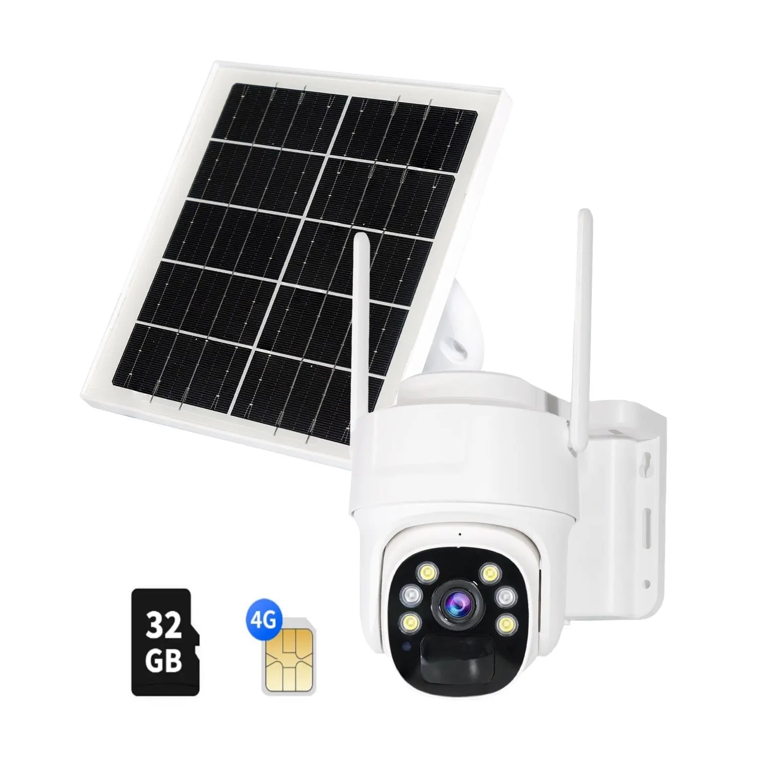 4G LTE Cellular Security Camera Solar-Powered Wireless Outdoor 3MP HD 360° PTZ Color Night 2-Way Audio IP65 Weatherproof 32GB SD Card Included Digital Zoom Micro Speaker Monitoring Rechargeable Remote