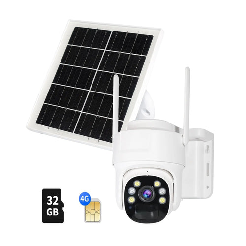 4G LTE Cellular Security Camera Solar-Powered Wireless Outdoor 3MP HD 360° PTZ Color Night 2-Way Audio IP65 Weatherproof 32GB SD Card Included Digital Zoom Micro Speaker Monitoring Rechargeable Remote