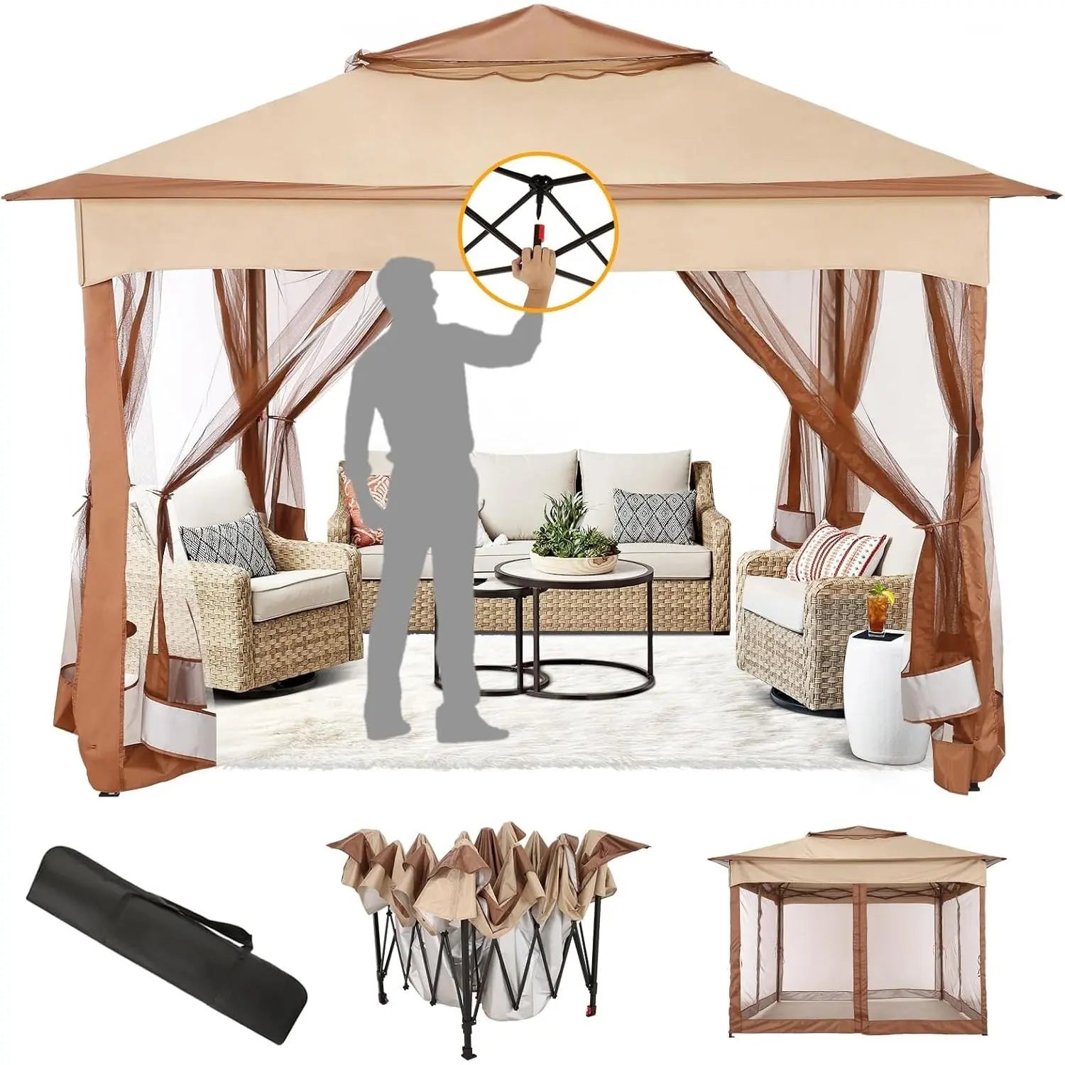 12X12 Ft. Portable Instant Gazebo Outdoor Patio - Oxford Fabric, Mosquito Netting, Waterproof, UPF 50+ Sun Protection, Ground Stakes, Adjustable Shade, Quick Setup Patio Furniture for Backyards, Backyard Decor,Summervibes