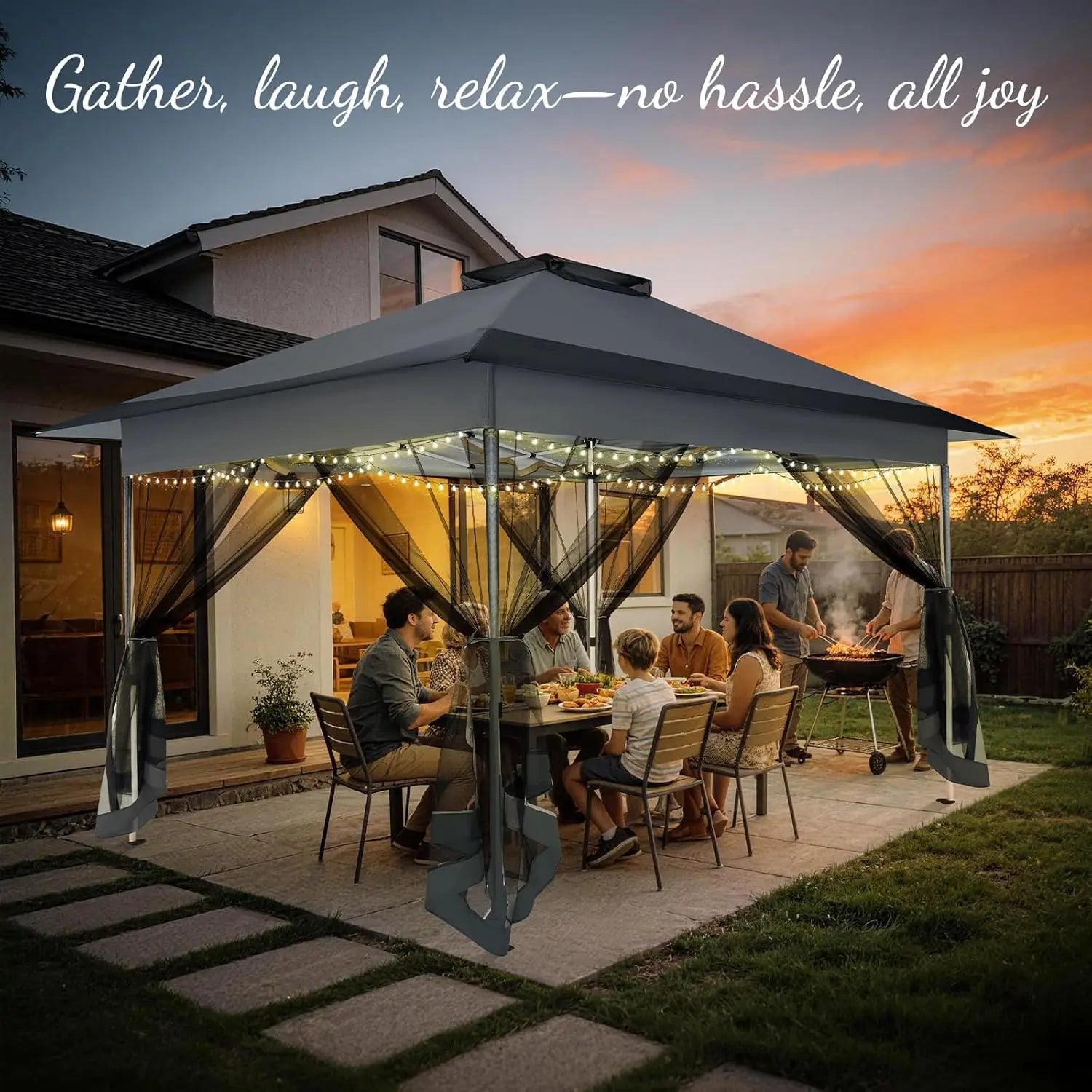 12X12 Ft. Portable Instant Gazebo Outdoor Patio - Oxford Fabric, Mosquito Netting, Waterproof, UPF 50+ Sun Protection, Ground Stakes, Adjustable Shade, Quick Setup Patio Furniture for Backyards, Backyard Decor,Summervibes