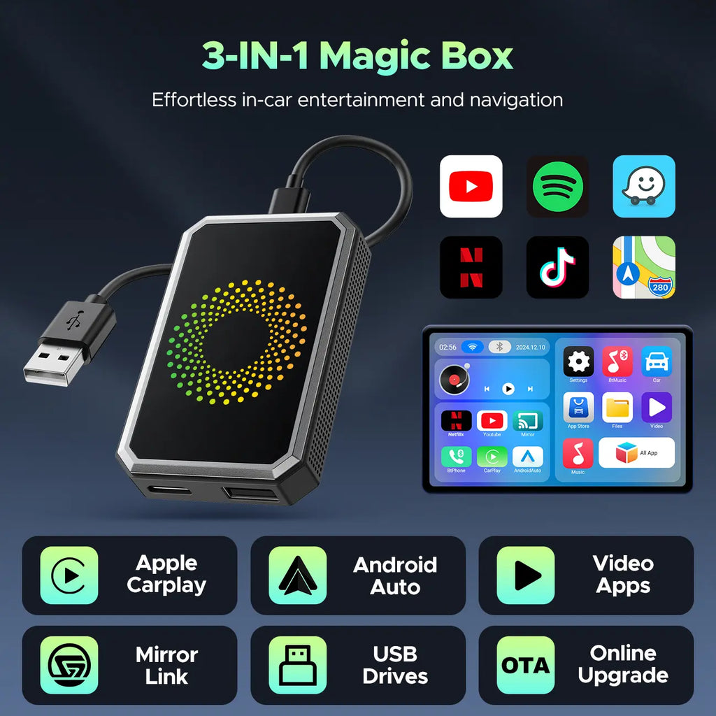 【Check Compatibility】Lamtto 2026 Wired to Wireless Carplay Adapter Supports Netflix/Youtube/Tiktok on Car Touchscreen (Hotspot Required), Not for Tesla/Bmw or Wireless Carplay, Auto Bluetooth – Perfect Tech Gift for Car Lovers