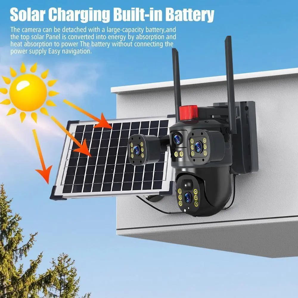 3 Lens Solar Battery Powered Wireless Wifi Outdoor Pan/Tilt Home Security Camera System Cctv,For Valentine’S Day Gift