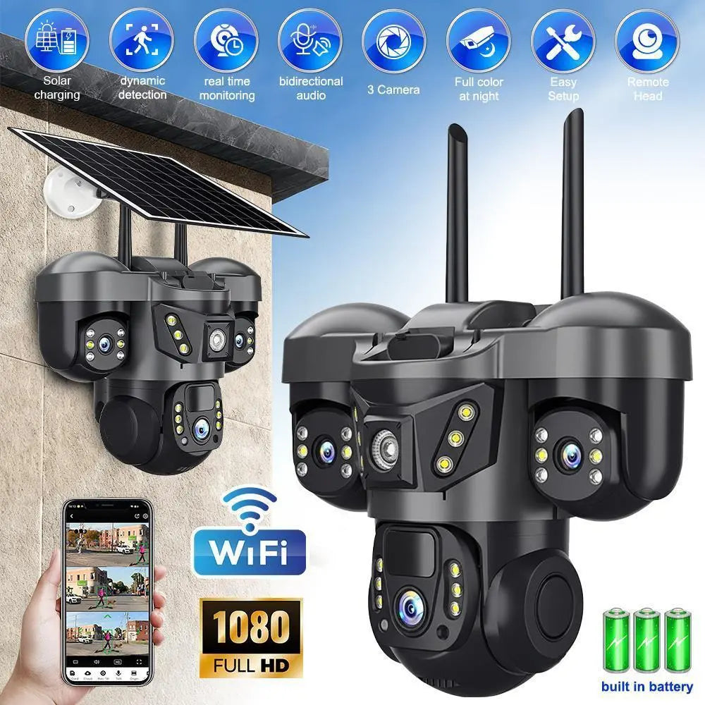 3 Lens Solar Battery Powered Wireless Wifi Outdoor Pan/Tilt Home Security Camera System Cctv,For Valentine’S Day Gift