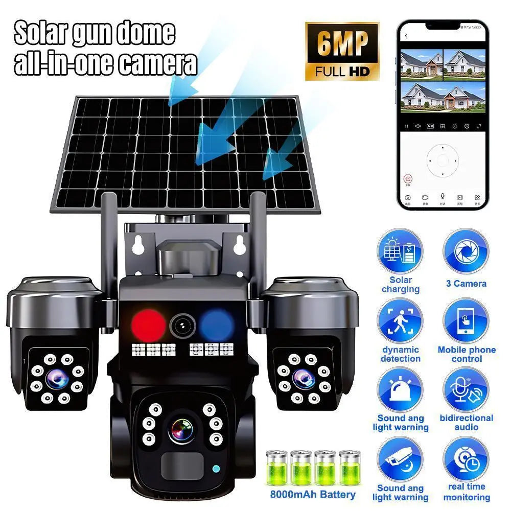 3 Lens Solar Battery Powered Wireless Wifi Outdoor Pan/Tilt Home Security Camera System Cctv,For Valentine’S Day Gift