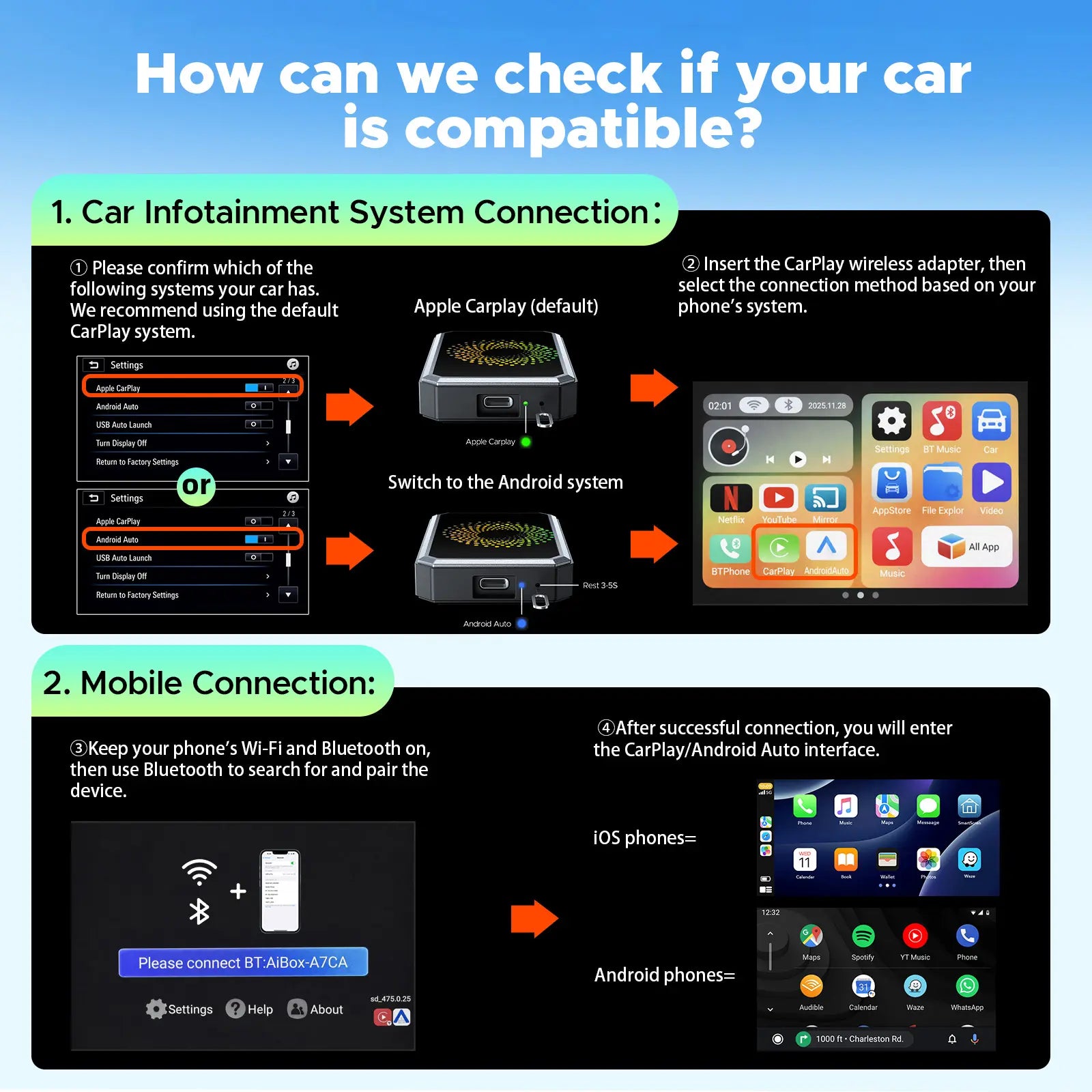 【Check Compatibility】Lamtto 2026 Wired to Wireless Carplay Adapter Supports Netflix/Youtube/Tiktok on Car Touchscreen (Hotspot Required), Not for Tesla/Bmw or Wireless Carplay, Auto Bluetooth – Perfect Tech Gift for Car Lovers