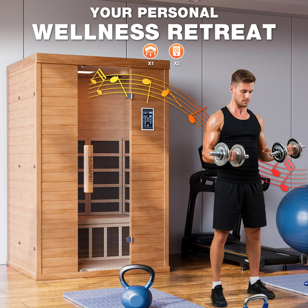 1- 2 Person Infrared Sauna, Remotely Controllable Indoor Sauna, Low EMF LCD Heater, Wifi & BT Control, 9-Color Light Therapy, Safe Flame-Retardant Material, Wood