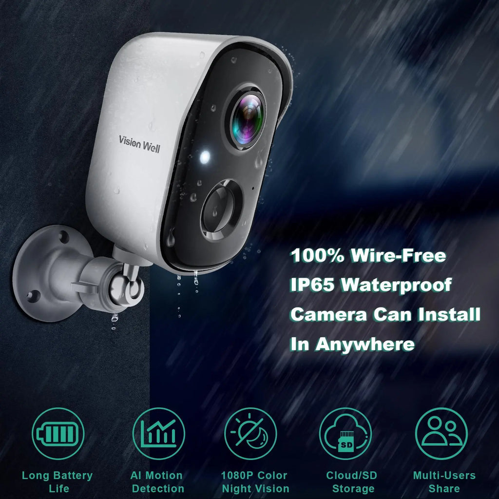 Vision Well Wireless Camera for Home Protection, with 1080P HD, Wifi, Spotlight, AI Siren, Color Night Vision, Two-Way Audio, and Sd/Cloud Storage.