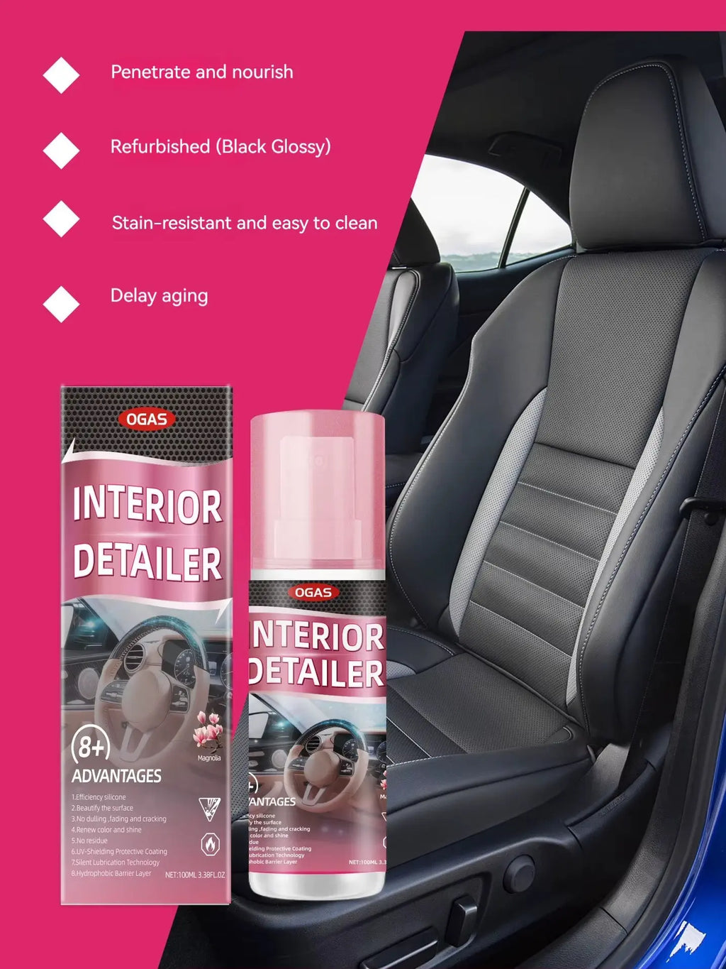 1/2/3 PACK UV Protection Interior Detailer – All-In-One Cleaner for Leather, Plastic, Rubber & Vinyl | Waterless Spray Wax & Trim Restorer, Anti-Oxidation, Glossy Finish for Car Interiors & Exteriors, 100Ml Kit