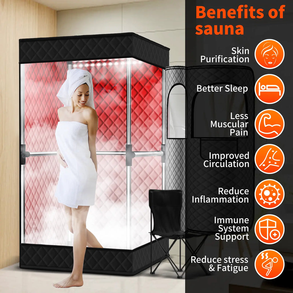 KASUE Upgraded Infrared Sauna Box for Relaxation,Detoxification,Portable Steam Sauna for Home with XL Steamer,Folding Chair,Multiple Layered Full Body Sauna Tent for Spa,Indoor,Outdoor,Gym-Black
