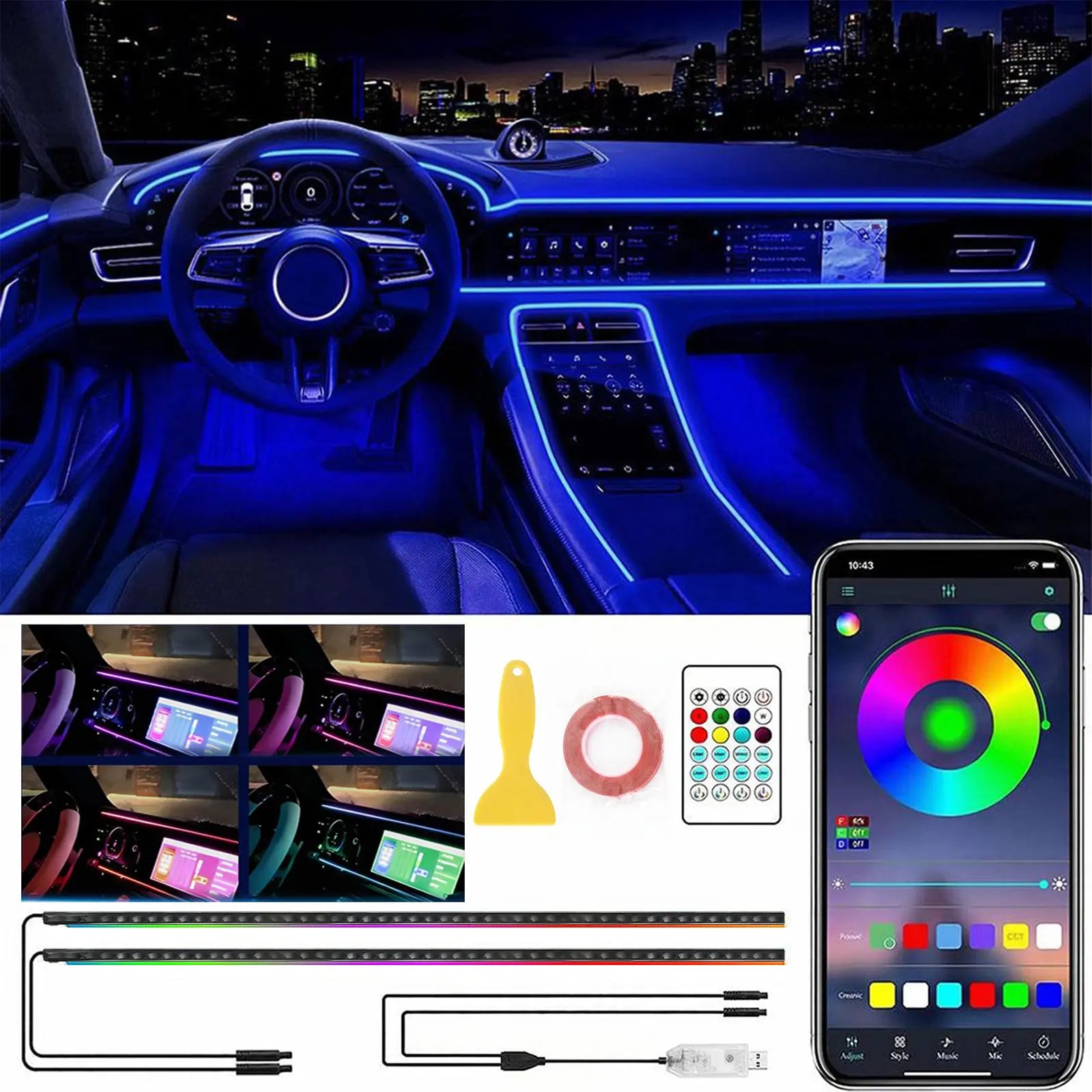 Ceesooi Smart LED Interior Car Lights, USB Powered RGB Car Ambient Lighting with App Control & Music Sync, DIY Mode 110Cm+110Cm 2-In-1 Design, Multi-Color Decor for Cars Trucks，Gift for Men & Women