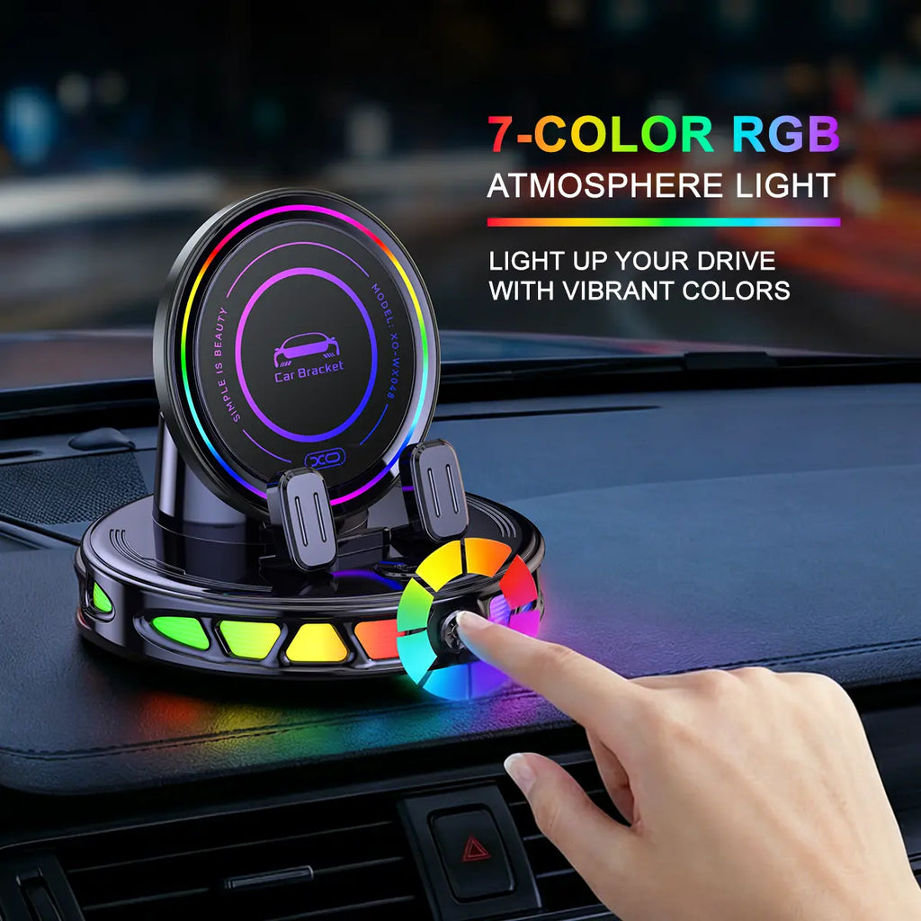 360° Rotating Magnetic Wireless Charging Car Phone Mount with RGB Ambient Light – Ultra-Stable Vacuum Suction & Auto-Lock Holder for Dashboard & Windshield, Fits Iphone & Android