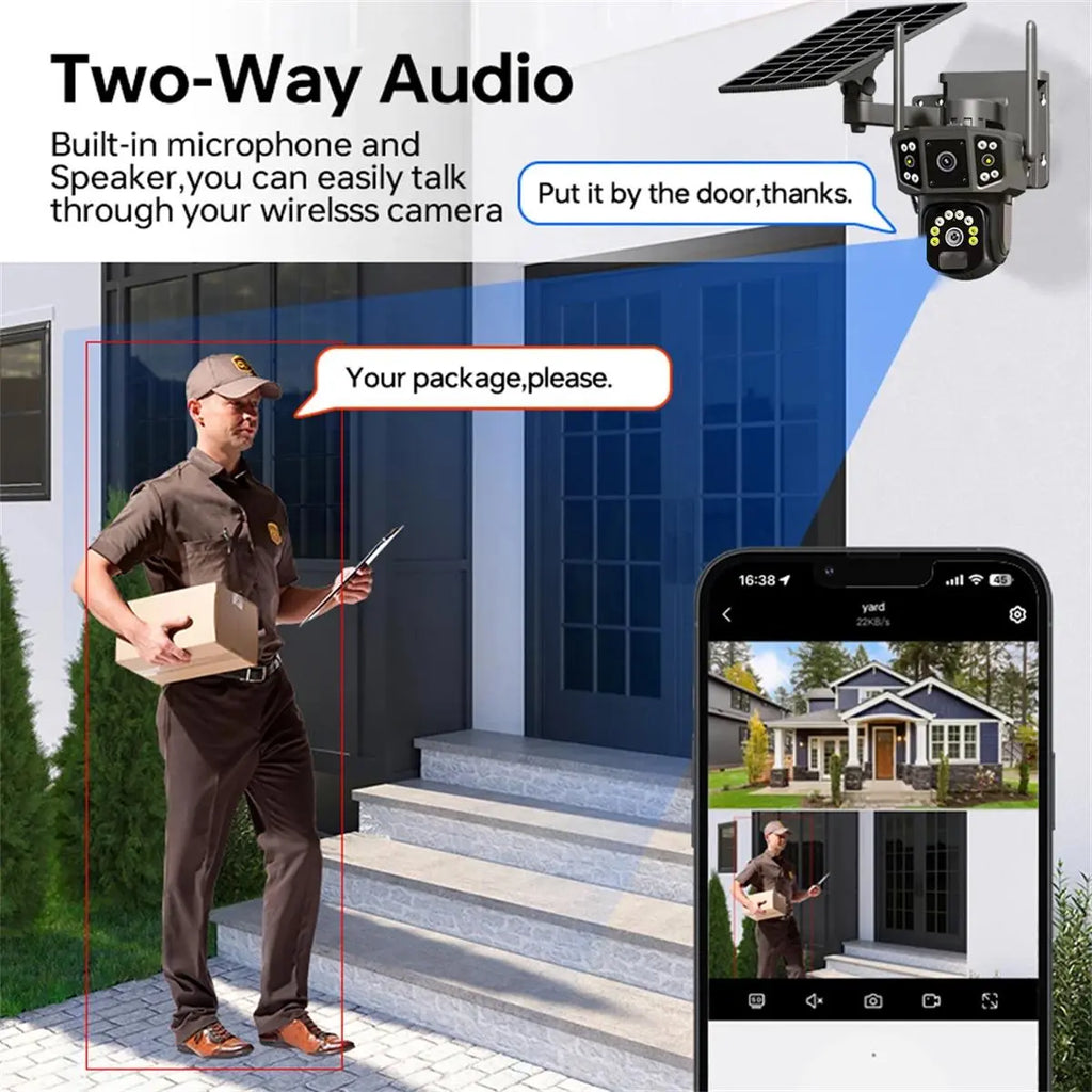 Solar CCTV Weatherproof Surveillance Cameras, 2K Wireless Outdoor CCTV Security Camera, 360° View Pan Tilt Low Power Consumption Security Camera, Durable Dual Lens Camera for Factory & Parking Lot, Home Essentials
