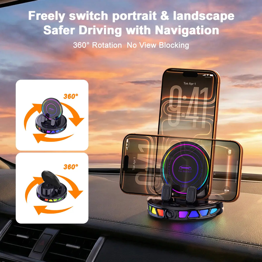 360° Rotating Magnetic Wireless Charging Car Phone Mount with RGB Ambient Light – Ultra-Stable Vacuum Suction & Auto-Lock Holder for Dashboard & Windshield, Fits Iphone & Android