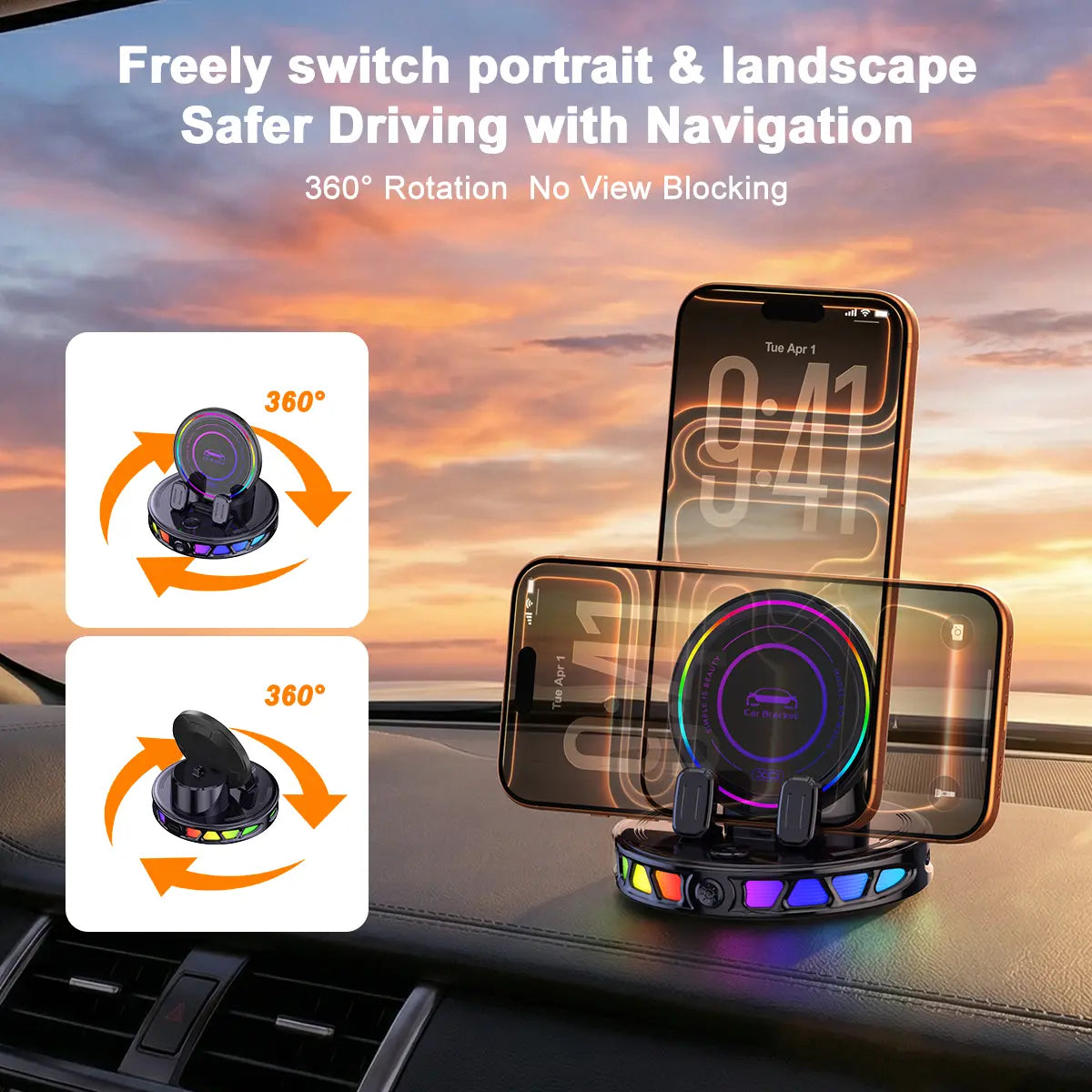 360° Rotating Magnetic Wireless Charging Car Phone Mount with RGB Ambient Light – Ultra-Stable Vacuum Suction & Auto-Lock Holder for Dashboard & Windshield, Fits Iphone & Android