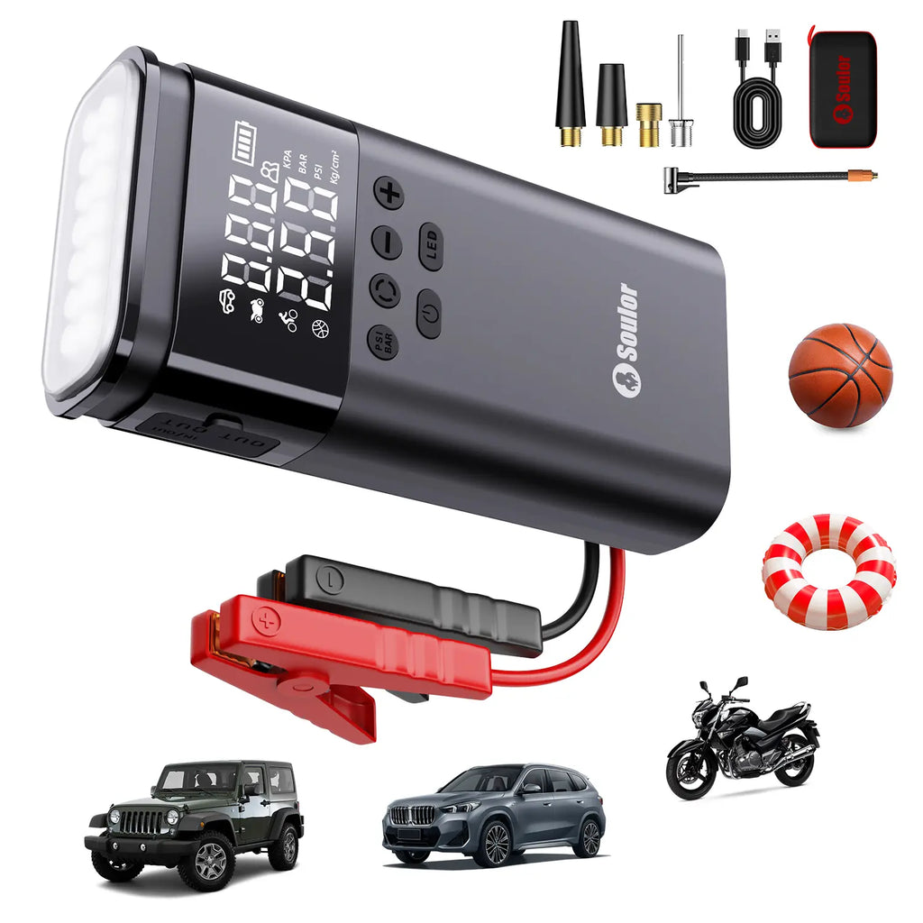 Soulor CYD22 5-In-1 with 150PSI Air Compressor, 10000Mah Portable Power Bank, LED Flashlight & SOS for Car/Suv/Truck Emergency Ultra-Safe