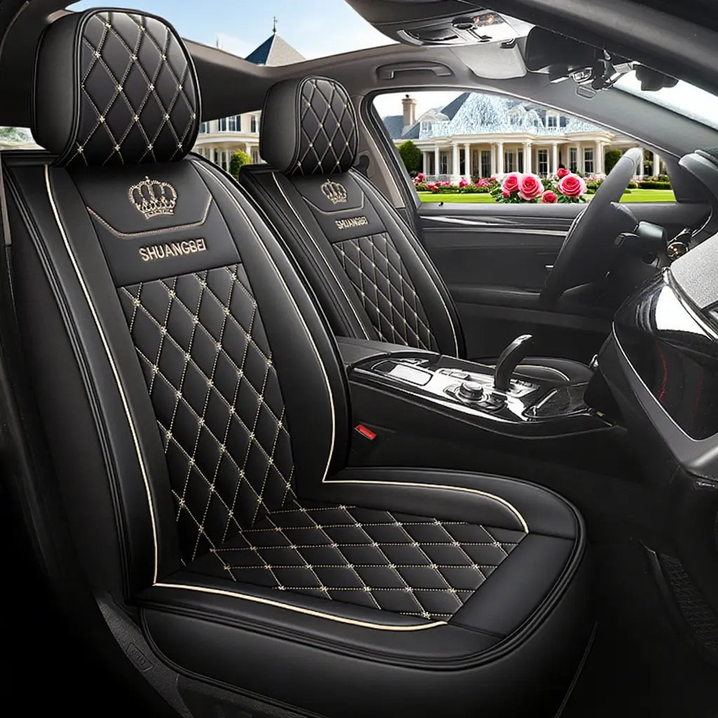 Front Seat Full Coverage 2PCS Car Seat Cover - Waterproof & Stain-Resistant PU Leather - Durable Long-Lasting - Crown Embroidery - Full Wrap-Around Protection Kit
