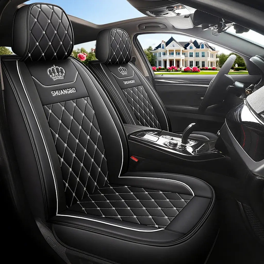 Front Seat Full Coverage 2PCS Car Seat Cover - Waterproof & Stain-Resistant PU Leather - Durable Long-Lasting - Crown Embroidery - Full Wrap-Around Protection Kit